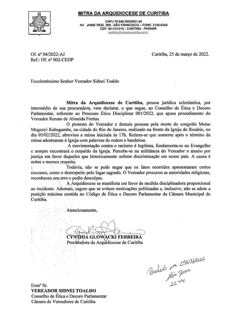 carta da arquidiocese de Curitiba sobre a cassação do vereador Renato Freitas