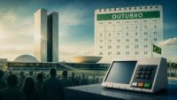 Calendário eleitoral 2026 Calendário de outubro, urna eletrônica, Congresso Nacional e eleitores em cenário das Eleições 2026