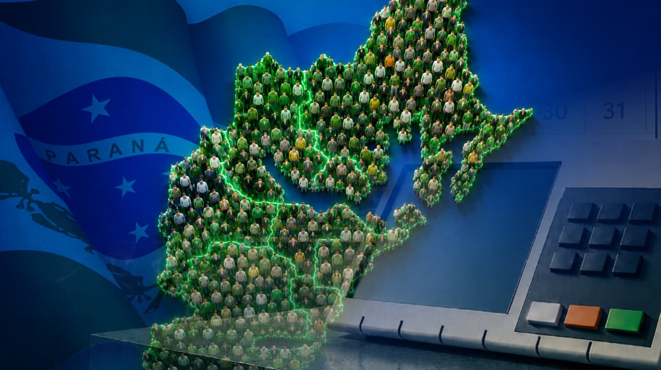 Arte ilustrativa da bandeira do Paraná com urna eletrônica representa o eleitorado do Litoral do Paraná nas Eleições 2026