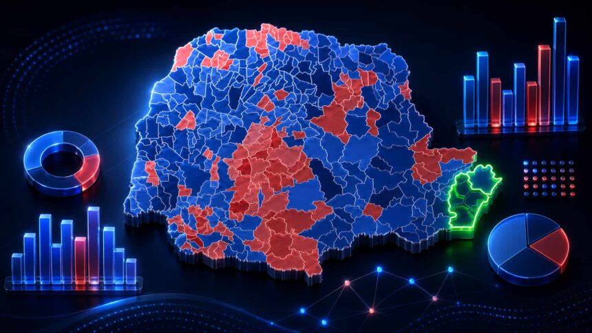 Mapa com os resultados das eleições de 2022 nos municípios do Paraná